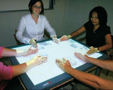 photo of four people sitting around a DiamondTouch table using their hands to perform a cooperative gesture
